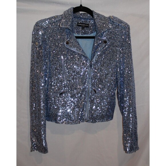 Generation Love Robin Sequined Moto Jacket Zip Up‎ Long Sleeve Chambray XS $395 - Picture 4 of 7